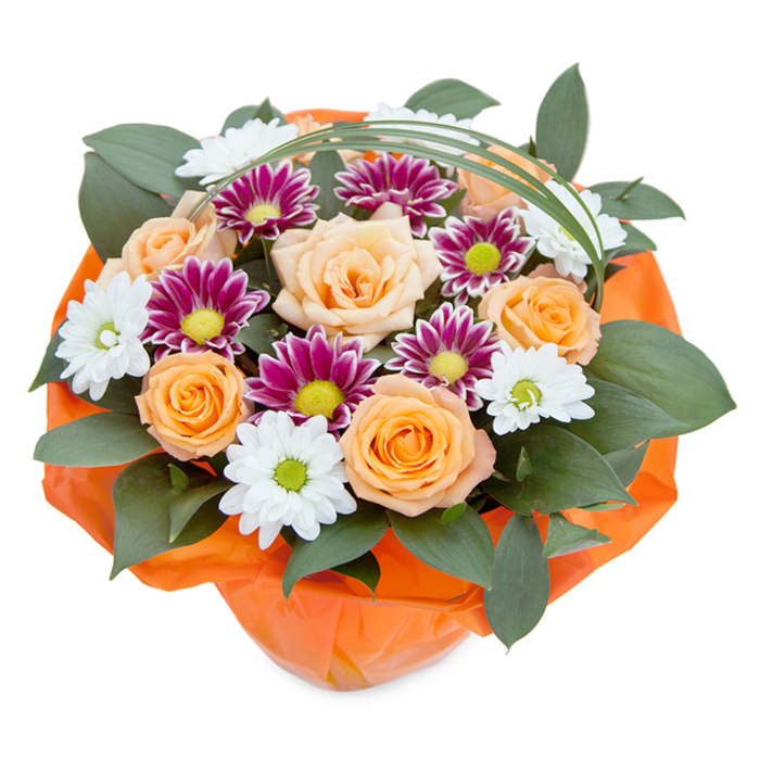 Set against a pristine white canvas, this Chessington Flowers bouquet offers a detailed study in harmony and freshness, its composition viewed from a gently elevated, almost top-down perspective. The centrepiece is formed by a handful of carefully selected roses, their petals blending softly from peach to vibrant orange, each bloom at the height of its beauty and suggestive of the colourful sunsets seen near Chessington's parks. Surrounding these central blossoms, clusters of daisy-like chrysanthemums playfully alternate: some with snowy white petals around apple-green eyes-tiny, joyful echoes of springtime in Sir Francis Barker Playground-others richer, with layers of magenta-purple radiating from yellow-green centres, providing playful contrast and depth. The bouquet is underlined by abundant dark green, glossy leaves, which form a dense, sustaining undercurrent; their sheen and breadth reminiscent of the healthy hedgerows gracing Chessington's leafy byways. A smooth, arching strand of decorative grass curves elegantly above, bringing movement and sophistication, while the stems below are held in a crinkled, bright orange wrap-a tactile, celebratory flourish perfectly suited for marking birthdays, thank yous, or moments of local pride. This arrangement, available for delivery across Chessington, embodies the essence of thoughtful gifting, the artistry of local florists, and the pleasure of fresh flowers chosen with care. Every element invites appreciation, celebrating the beauty of nature and the warmth of the community.