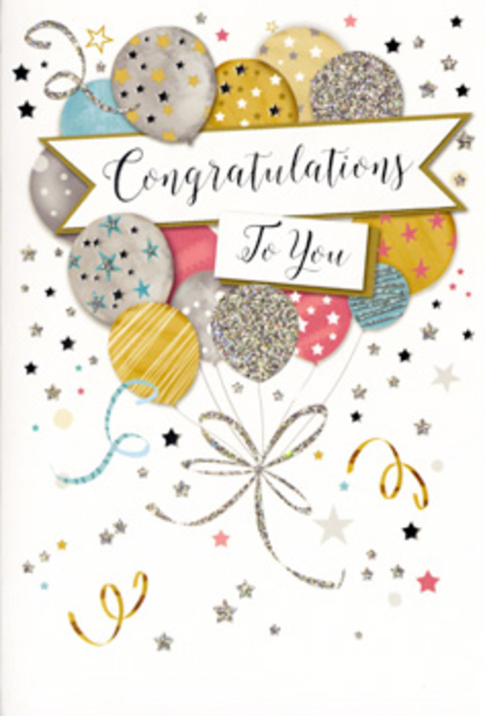 In this image, a refined congratulations card stands open, displaying an illustration that captures the essence of celebration with understated glamour, the kind you might associate with a well-planned party after work in Chessington. At the centre of the design is a buoyant cluster of balloons, carefully layered so that some sit prominently at the front while others peek from behind, creating a sense of depth and movement. The colours are soft yet luxurious: brushed gold, polished silver, delicate champagne, cool sky blue, and gentle pinks and greys. Each balloon is embellished with its own decorative detail - fine metallic stars, thin diagonal stripes, or patches of glitter that suggest a textured surface you could almost feel beneath your fingertips. From the base of the balloons, slim curling ribbons in gold and silver cascade downward, their lines looping and crossing in an elegant tangle that brings liveliness to the composition. Across the middle, partially framed by the balloons, a pale banner unfurls gracefully with the phrase Congratulations To You written in flowing script, like a personal toast raised in someone's honour. The background is washed in a light neutral tone, sprinkled with tiny stars, confetti dots, and swirling lines that recall the carefree energy of a celebration along Leatherhead Road or after an event at Chessington School. As a florist, the design feels reminiscent of pairing a sparkling bouquet with a card that says everything your flowers cannot: pride, admiration, and genuine joy. The card's artwork balances sophistication and warmth, making it a beautiful way to mark life's milestones, large or small, in and around Chessington.