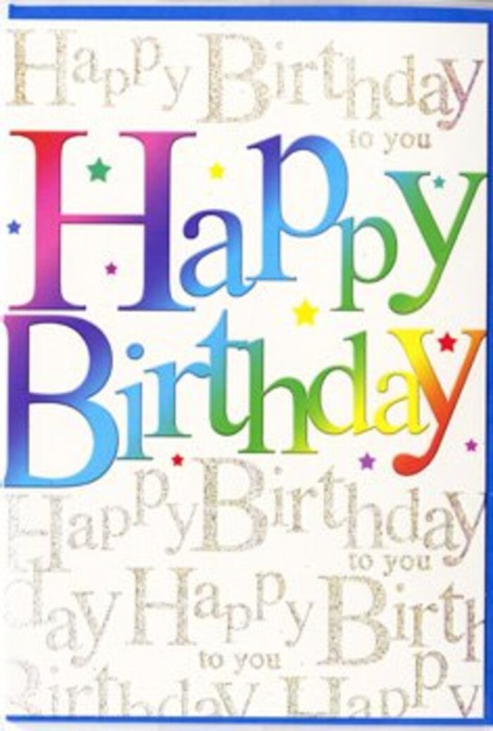 This birthday card carries the same sense of delight I feel when arranging a vibrant celebration display for a Chessington customer, all colour and optimism woven together. The main message, Happy Birthday, sweeps confidently across the front in broad, friendly letters that shift hue from one to the next: from deep cherry through ripe apricot, golden yellow, leafy green, clear sky blue, and velvety indigo, finally resting in a regal violet. The gradient is smooth and luminous, like a row of carefully chosen blooms lined up on the workbench at Chessington Flowers, each shade blending into the next to create a unified whole. The surface of the letters appears slightly glossy, catching imaginary light in soft highlights that suggest a silky print finish. Behind this bold rainbow statement lies a gentle contrast: a creamy white backdrop filled with looping strands of gold cursive text, repeating the phrase Happy Birthday to you. The scripted words are delicate and intertwined, forming an elegant pattern that feels like a quiet chorus of well-wishers murmuring in the background at a birthday dinner near Chessington World of Adventures. The metallic gold ink gives a subtle shimmer, like the glint of ribbon on a wrapped gift. Sprinkled around the design are tiny starbursts and confetti flecks in complementary colours, hovering lightly around the main wording, as if suspended mid-air after a joyful toss. The overall feel is festive yet polished, youthful but not childish, making it suitable for a wide range of ages. This is the sort of card you might place beside a birthday cake and a bright bouquet on a kitchen table in Chessington, turning a simple moment into something that feels thoughtfully decorated and genuinely special.