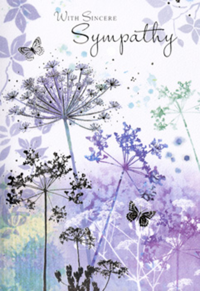 The design of this funeral sympathy card is like a soft, meditative walk through a misty meadow on the outskirts of Chessington, translated into delicate watercolour. Slender wildflower stems, topped with airy, umbel-shaped heads, reach upward in graceful arcs, their forms so fine and lacy they almost seem to dissolve into the surrounding light. Shades of lavender, powder blue, muted purple, and gentle silvery green mingle in a dreamy wash, with no hard lines, only velvety transitions that calm the eye. Some flower clusters are darker and more defined, while others fade into near transparency, as if they are distant blooms glimpsed through haze. Two or more butterflies hover lightly among the stems, their wings rendered in pale, translucent tones that echo the flowers below, suggesting quiet transformation and the whisper of continuing life. The background feels like early morning light over a field after rain, soft and forgiving, allowing the foreground silhouettes to float serenely. There is a sense of stillness here, but not emptiness; rather, it evokes the gentle pause when a family gathers to remember and share stories. The overall impression is one of respectful simplicity and heartfelt understanding. As a florist who often helps Chessington families choose flowers for funerals and condolence gifts, I recognise in this card the same language of subtle comfort we use with blooms: cool, soothing colours, delicate textures, and a design that never shouts, but quietly holds space for sorrow, love, and remembrance.