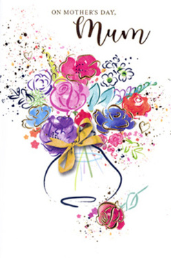 Watercolour-inspired Mother's Day card featuring a vivid, hand-painted bouquet that seems to shimmer with emotion, like a fresh arrangement displayed in a Chessington Flowers shop window. The flowers are an exuberant mix of rich cerise and fuchsia blossoms, softened by indigo outlines and cool blue and lavender petals that drift outward in loose, fluid strokes. Fine accents of gold trace certain petals and foliage, sparkling subtly as though touched by evening light over nearby Churchfields. The bouquet feels lush yet airy, with transparent washes of colour overlapping to create depth and movement, suggesting each bloom is gently swaying in a spring breeze. Around the central cluster, playful splatters of paint and small, scattered hearts add a sense of celebration and affection, echoing the joy of children choosing the perfect card for Mum. The vase below is softly rounded, painted in muted tones that allow the flowers to take centre stage, and finished with a neat golden bow reminiscent of the ribbons we tie around hand-crafted arrangements for local collections across Chessington. The overall effect combines artistic spontaneity with thoughtful composition, capturing both the excitement and tenderness of Mother's Day. It feels like a lovingly composed message in floral form, honouring the comfort, strength, and everyday kindness that mothers quietly give.