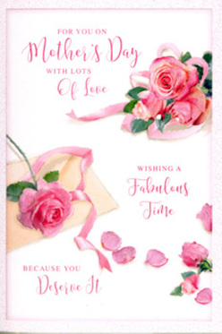 This Mother's Day card design appears like a floral daydream laid flat on a pale, uncluttered surface, its composition centred around romantic clusters of blush-pink roses that could easily have been picked from a cottage garden near Chessington's green spaces. The roses range from barely-open buds to fully unfurled blooms, each petal painted in soft gradients of shell pink, cream, and a richer rose hue, with subtle highlights that mimic the way sunlight catches real velvet petals in a Chessington Flowers bouquet. Around the main cluster, individual petals drift across the card, scattered as if caught by a gentle breeze coming off nearby Hook Road, giving the scene movement and a sense of captured time. A pastel ribbon weaves in and out of the floral arrangement, lying flat yet appearing almost satin-smooth to the touch, its curves guiding the eye toward the central Mother's Day message. The wording is rendered in sweeping, hand-lettered script, the letters elongated and looping in a way that feels intimate, almost like a note written at the kitchen table before a family brunch. Soft, even lighting creates delicate shadows beneath each petal and ribbon fold, enhancing the depth and making the design feel almost three-dimensional, as though the roses might lift off the page. The overall effect is one of quiet gratitude and affection, a paper bouquet that reflects the thoughtfulness of a carefully arranged floral gift, perfect to accompany same-day Mother's Day flower deliveries across Chessington, Tolworth, and neighbouring areas.