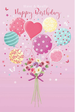 Artistic birthday card illustration featuring a whimsical bouquet of balloons and flowers, rendered with the same attention to detail you'd expect from a local Chessington florist. The scene is set against a smooth, powder-pink background that feels calm and inviting, like a quiet side street near Chessington North before the day begins. Rising from the lower edge is a spray of pastel balloons that seem to float effortlessly: soft pink, seafoam green, buttery lemon, and lavender tones mingle in a loose cluster. Each balloon carries its own personality, some wearing slender ribbon stripes that curl like party streamers, others sprinkled with cheerful polka dots or delicate floral doodles. They draw the eye upward, yet the heart of the image sits at the base-a hand-tied bouquet of roses and daisy-like blossoms in creamy ivory, blush pink, and gentle mauve. The petals are slightly ruffled, layered in small rosettes that suggest velvety texture and morning freshness, as if just gathered from a garden close to Chessington's residential lanes. Stems are neatly wrapped in a violet satin ribbon, knotted into a polished bow that sparkles where the illustrated light catches it. Around the bouquet, tiny butterflies and faint stars drift, adding a fairy-tale shimmer without overwhelming the main design. The whole composition feels like a birthday wish caught in mid-air: playful yet refined, light-hearted yet sincere, perfect for someone in Chessington who loves soft colours, florals, and the feeling of being lovingly celebrated on their special day.