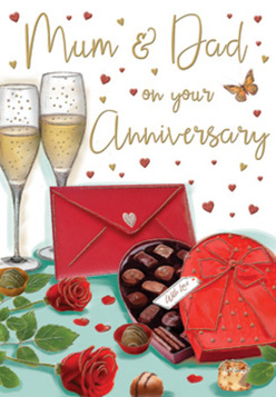 This anniversary card illustration feels like a lovingly arranged still life, the sort of scene a couple in Chessington might set up for a quiet celebration after a walk through nearby parks. Two elegant champagne flutes stand close together on a smooth tabletop, each glass filled with pale golden fizz, the bubbles suspended mid-rise as if captured at the exact moment before a heartfelt toast. In front of them sits a heart-shaped box of chocolates, the lid lifted just enough to show rows of plump truffles in dark and milk chocolate tones, their rounded tops highlighted to look almost touchable. A generous, silky red bow sprawls across the box, its ribbon tails curling in soft folds that mirror the curves of the blooms beside it. Those blooms are two plush red roses, petals rendered in vibrant scarlet with subtle shading that suggests depth and softness, surrounded by fresh green leaves like those a florist might carefully select for same-day delivery around Chessington. Scattered on the table are a few loose chocolates, adding a sense of relaxed indulgence and shared treats. Above the table, a flurry of tiny red and gold hearts drifts across the background, framing handwritten words for "Mum & Dad" that feel personal and affectionate rather than formal. To one side, a bright red envelope, sealed with a small heart motif, rests casually, hinting at a private message of love and gratitude tucked inside. The overall colour palette of ruby, gold, and chocolate brown, all set against a gentle, light-toned backdrop, creates an atmosphere of warmth, comfort, and long-lasting devotion-perfect for marking another year together.