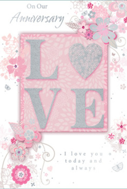 This anniversary card is presented in soft, romantic tones that feel perfectly at home in a quiet Chessington living room, perhaps set beside a vase of fresh blooms. Dominating the design is the word "LOVE," arranged in bold, raised lettering that glitters delicately, as though dusted with fine frost. Each letter is filled with a blend of blush pink, pearly white, and gentle grey, with slender highlights of silver that flicker when the card catches the light. The texture of the letters looks almost velvety, inviting a gentle touch much like the petals of a newly opened rose. Behind the word, the card's background fades into a tender blush hue, soft and understated, evoking the calm of an early morning stroll through Chessington's residential streets. Around this central motif, an intricate array of stylised flowers and flowing vines curls and spirals outward, carefully drawn in thin, graceful lines. These floral sketches resemble the planning notes of a skilled florist mapping out an anniversary bouquet, each petal and leaf placed with intention. Some blossoms are shaded in muted pink and off-white, while others are delicately outlined with silver foil details, lending an almost luminous quality. Fine swirls fill the empty spaces without crowding them, creating a balanced, airy composition. Graceful script appears across the card, offering heartfelt anniversary wishes in a tone that feels sincere and enduring. The entire piece evokes the sensation of a hand-arranged floral gift delivered across Chessington-refined, thoughtful, and quietly celebratory.