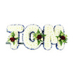 A dignified floral tribute spells the name TOM in three-dimensional, pillowy letters formed from countless small, pristine white chrysanthemums. Each letter rises from a low dark frame into a soft, tactile surface where the tightly packed petals catch a cool, diffuse light, giving the arrangement a gentle, almost cloud-like quality. The edges of every character are traced with a vivid royal blue ribbon that provides sharp definition and a sober, refined contrast to the snow-white blooms. Nestled within the center or lower area of T, O and M are delicate clustered sprays: a single deep, velvety dark red rose anchors each cluster, its petals folding inward like a private gesture of love, while creamy ivory spray roses and slender fern fronds fan outward, introducing soft green texture and an understated botanical rhythm. A subtle dark green or black metal support bar is visible beneath the letters, hinting at the careful engineering that allows these memory pieces to stand respectfully at memorial services. The whole composition rests against a clean white background so colour and form remain the focus-white for peace, blue for dignity, red for deep affection. There is a faint green-earth scent from the foliage and a soft rose perfume that would be noticeable in a quiet chapel or beside a graveside at Chessington's local cemeteries or a family chapel near Horton Country Park. Crafted with careful placement and quiet restraint, this arrangement reads as both a personalised message and a comforting emblem of remembrance, suitable for those seeking a bespoke funeral tribute that speaks of honour, memory and enduring care.