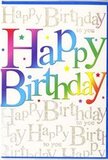 This birthday card radiates the kind of cheerful energy you might feel walking past a bright shopfront in central Chessington, windows filled with colourful displays. Front and centre, the phrase Happy Birthday stretches across the card in large, open lettering, each character soaked in a different vibrant shade so that the words flow through a rainbow: bold crimson melting into glowing orange, mellow yellow, fresh grassy green, aquamarine, cobalt, and rich violet. The colour transitions are smooth and velvety, as if painted in layers, giving the letters depth and a lively, almost pulsating presence. Set behind this main greeting is a softer, more intricate layer: a warm off-white background covered in looping golden calligraphy that repeats Happy Birthday to you in a graceful pattern. The script looks fine and slightly reflective, like metallic ink catching the soft glow of evening lights over Chessington's residential streets. This golden backdrop hums quietly behind the bolder rainbow letters, adding sophistication without competing for attention. Scattered delicately around the composition are tiny multicoloured stars and confetti dots, echoing the rainbow tones and adding a wonderful sense of movement, like sparkles of laughter or the last bits of confetti drifting down after a toast. The card feels tactile even in imagination, from the smooth surface of the printed letters to the faint texture suggested by the gold script. Its mood is upbeat and heartfelt, perfect to pair with a fresh birthday bouquet delivered locally, transforming an ordinary greeting into a keepsake that mirrors the joy of a celebration shared with friends and family in Chessington.
