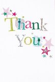 There is a gentle, buoyant joy to this thank you card, as though it was lovingly designed to brighten the spirit on a crisp morning in Chessington. The words 'Thank You' appear in playful, modern typography, with each letter a vibrant character-gleaming silver, sunny yellow, fresh green, and cheerful blue-contributing to a visual chorus of colour and texture. Some letters are adorned with hand-stitched details or polka dots, echoing the artisanal touches you'd find in a bespoke arrangement from a local florist. Floating around the message, softly shimmering stars in pink, teal, and metallic silver create a feeling of festivity, much like the joyful air that lingers after a community fete at King Edward's Playing Fields. The background remains immaculately white, offering a sense of openness and clarity, which lets every colour, star, and stitch sing. This card perfectly captures the happiness of giving or receiving thanks-a touch of whimsy underpinned by genuine sincerity, reminiscent of the feeling when a bouquet arrives at one's door from Chessington Flowers. The whole composition radiates warmth and friendliness, ideal for marking moments of appreciation and sharing a smile across the Chessington neighbourhood.