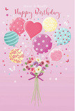 Delicate birthday card illustration showing pastel balloons lifting a petite hand-tied bouquet, crafted with the soft, celebratory spirit of Chessington. The backdrop is a smooth wash of blush pink, calming and warm, like the evening light that falls over suburban gardens near Chessington town centre. At the bottom, a cluster of small roses and daisy-like blooms gathers in a compact bouquet; the flowers blend shades of cream, blush pink, and gentle mauve, each petal softly layered to evoke velvety texture and fresh, dewy openness. Their stems come together in a neat bundle wrapped in a violet satin bow, the ribbon tails curling with a subtle sheen that suggests careful, artisan tying. From this base, a spray of round pastel balloons floats upward in hues of sea green, baby pink, pale yellow, and lavender. Every balloon has a unique decorative pattern-playful polka dots, slender swirling stripes, and stylised florals-like individual personalities joining the same birthday celebration. A single heart-shaped balloon glows warmly at the centre, radiating affection and pulling the eye inward. Scattered around the composition are tiny illustrated stars and light butterflies, which add an airy, fairy-tale feeling without cluttering the view. The entire image feels like a birthday morning captured in one moment: light, dreamy, and filled with quiet excitement. It suggests a joyful greeting ready to accompany fresh flowers delivered across Chessington, from residential streets to cosy local cafés, giving the recipient the sense that this celebration has been created just for them.