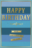 A stylish birthday card in blue and gold stands upright, its design radiating calm celebration, much like a quiet birthday morning in Chessington before the day unfolds. The background is built from wide, horizontal stripes of blue, starting with rich navy at the base and gradually lightening through denim and teal to a gentle sky blue at the top. This layered effect feels like looking out over distant horizons, soothing and spacious. In the centre, the words HAPPY BIRTHDAY are embossed in tall, metallic gold capital letters, slightly raised so they would feel smooth and defined to the touch. The gold catches the light with a measured sparkle, adding a refined sense of festivity against the cooler blues. Just below the main message, a delicate golden flourish sweeps outward in a symmetrical curve, acting as an elegant bridge between the greeting and the sentiment that follows. At the lower part of the card, three neat gold banners stretch horizontally, each one containing a portion of the warm wish: Relax, have a great day and enjoy! The banners sit like tidy ribbons laid over the blue stripes, emphasising rest, pleasure, and simple happiness. Encasing the entire design is a narrow gold border, framing the card with a finished, almost gallery-like feel. The cardstock appears smooth and of good weight, with the matte blue background contrasting against the gently gleaming embossed gold. It is the sort of quietly sophisticated birthday card you could imagine resting on a sideboard in a Chessington home, placed beside a fresh, locally delivered bouquet and a favourite cup of tea, inviting the recipient to slow down and truly savour their special day.