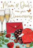 This illustrated anniversary card offers a richly romantic tableau, evoking the feel of a lovingly prepared celebration in a Chessington living room after the sun has dipped behind the rooftops. Dominating the centre are two tall champagne flutes, perfectly matched and placed close enough that their rims nearly touch, each glass brimming with pale gold champagne. The bubbles, frozen as they rise, give a sense of life and movement, as if a toast is just about to begin. In the foreground sits a heart-shaped box of chocolates, coloured in deep reds and warm browns, its lid tipped open to reveal assorted truffles arranged like little treasures, some glossy, others matted, all inviting. A striking red satin bow wraps around the box, loops full and textured, catching the light as though you could feel the smoothness beneath your fingertips. Beside this indulgent centrepiece are two flawless red roses, their petals dense and velvety, unfolding in spirals of crimson against a backdrop of rich green foliage. They look freshly cut, like roses you might receive from a local Chessington florist on an anniversary morning. A few chocolates rest loosely on the table, adding a playful, relaxed touch. Above, delicate gold and red hearts drift across the pale background, framing the handwritten dedication to Mum & Dad, which lends the card an unmistakably personal, family-focused tone. A bold scarlet envelope sealed with a simple heart lies to one side, promising a handwritten message filled with love and appreciation. The warm, golden-tinged lighting, combined with the luxurious reds and chocolate browns, creates an atmosphere of intimacy, indulgence, and timeless devotion perfectly suited to marking another cherished year together.